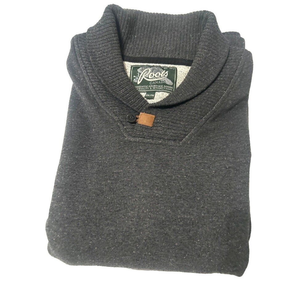 Roots Canada Sweater Men XXL Gray Cotton Shawl Collar Single Button Pullover